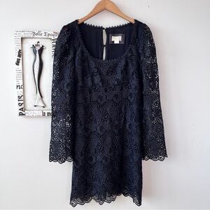 Maeve Anthropologie Boho Cottagecore Lace Black Long Bell Sleeve Mini Dress Sz 8